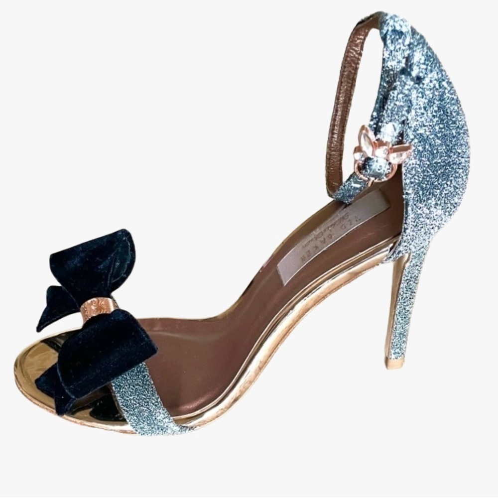 Ted Baker Bowdalo Silver Glitter Heels Black Velvet Bow Ankle Strap EU 37.5 US 7 - Picture 3 of 12
